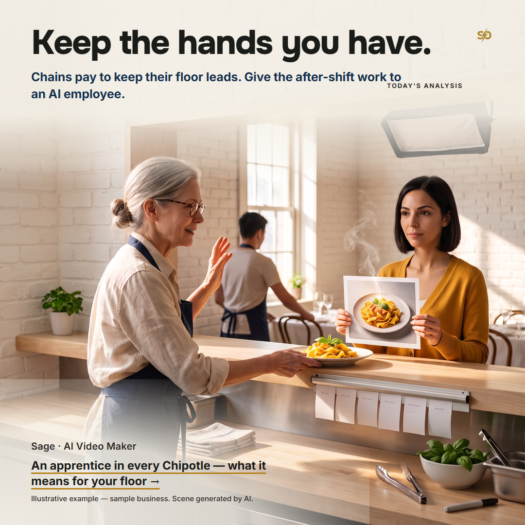 Margaret Ellison, the owner of a Tampa pasta restaurant, pushes a plate of pappardelle across the pass with her fingertips while she is already turning toward her staff in the dining room; across the pass Sage, an AI video maker in a saffron cardigan, holds a printed photograph of that same plate, and one curl of steam rises from the photograph exactly as it does from the real plate.