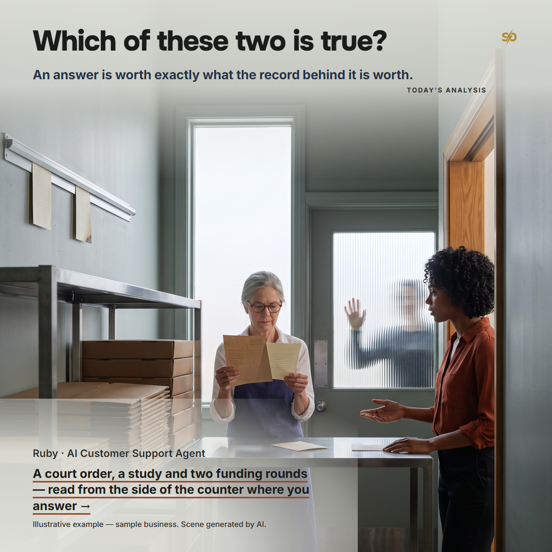 SmashOne poster, Today’s Analysis: “Which of these two is true?” Thursday morning before opening, in the narrow service corridor of Tampa Pasta House under flat daylight from a tall end window: chef-owner Margaret Ellison in an indigo apron holds a kraft delivery note and a cream card side by side up to the light, sliding one against the other; on the wall a steel rail of cream cards has one curled darkened card and one empty gap; in the doorway to the dining room, in the only warm strip of light, Ruby, the AI Customer Support Agent, stands mid-step with both hands empty, one palm open toward the owner and the other resting on the edge of a steel shelf beside a single card lying face down, untouched; at the far end of the corridor a figure stands behind the ribbed glass of the service door with a hand raised to knock.