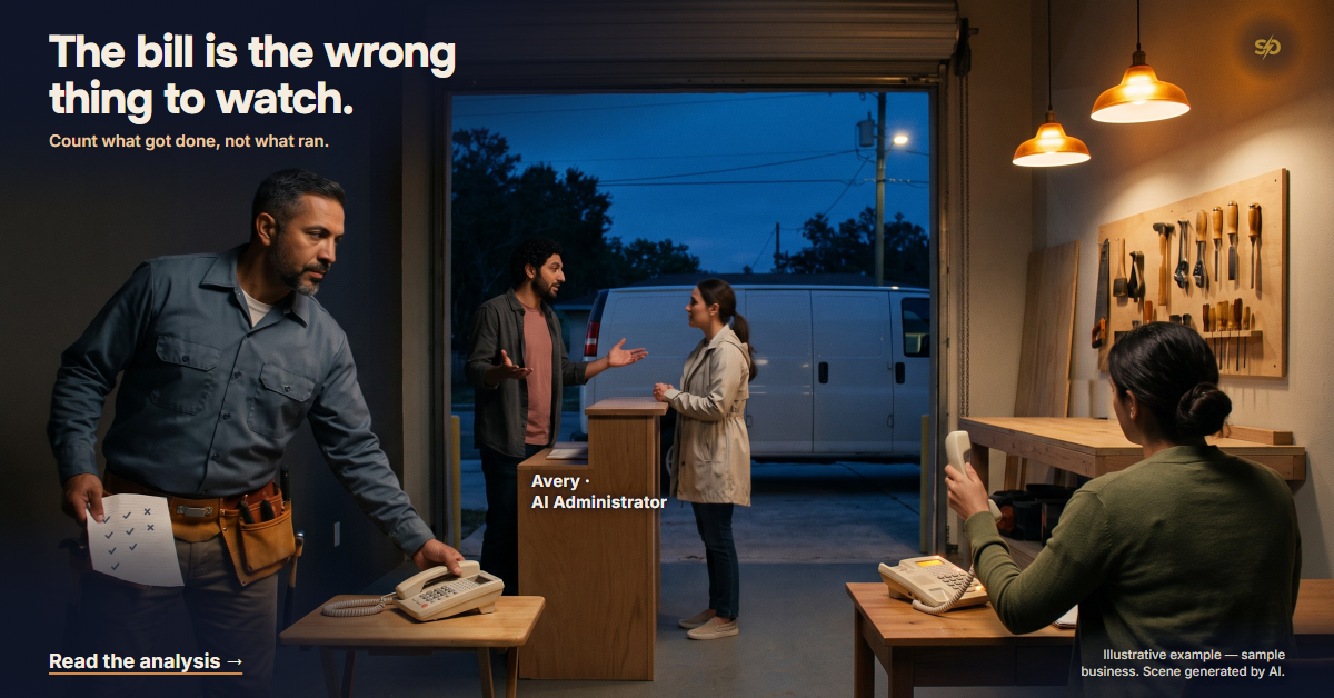 SmashOne poster, Today’s Analysis: “The bill is the wrong thing to watch.” Dark evening in the Casa Lista workshop. Mateo (left) sets a second desk phone on a free table, pulling up its chair, his week tally in the other hand. Avery · AI Administrator answers a neighbour at the counter. The second AI employee, seen from behind, lifts the ringing phone. The garage door is open on an indigo dusk with a plain white van.