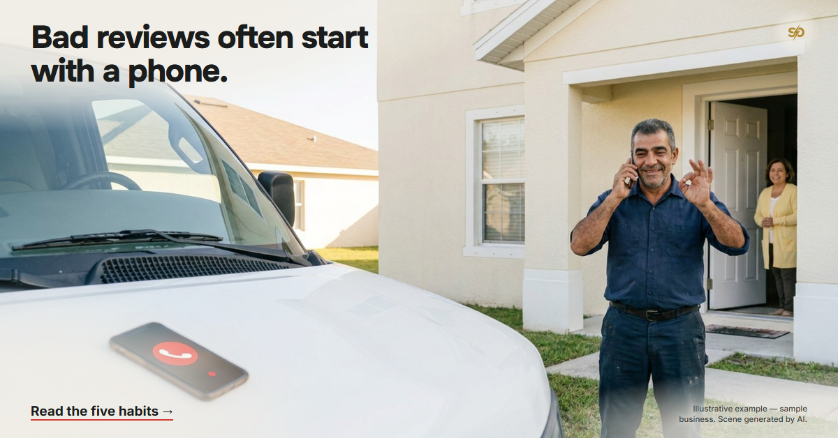 SmashOne poster, article: “Bad reviews often start with a phone.” A phone lies on the hood of a plain white van, its screen glowing with a red missed-call icon. At a homeowner’s open door, a tradesman in a navy work shirt holds his phone to his ear and makes an okay sign with his other hand, and the homeowner smiles in the doorway.