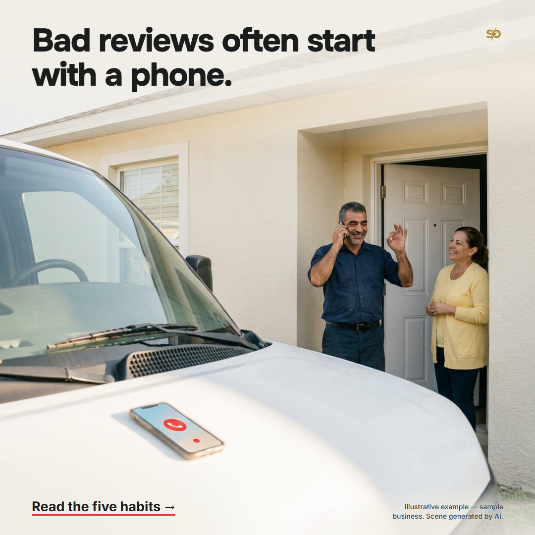 SmashOne poster, article: “Bad reviews often start with a phone.” A phone lies on the hood of a plain white van, its screen glowing with a red missed-call icon. At a homeowner’s open door, a tradesman in a navy work shirt holds his phone to his ear and makes an okay sign with his other hand, and the homeowner smiles in the doorway.