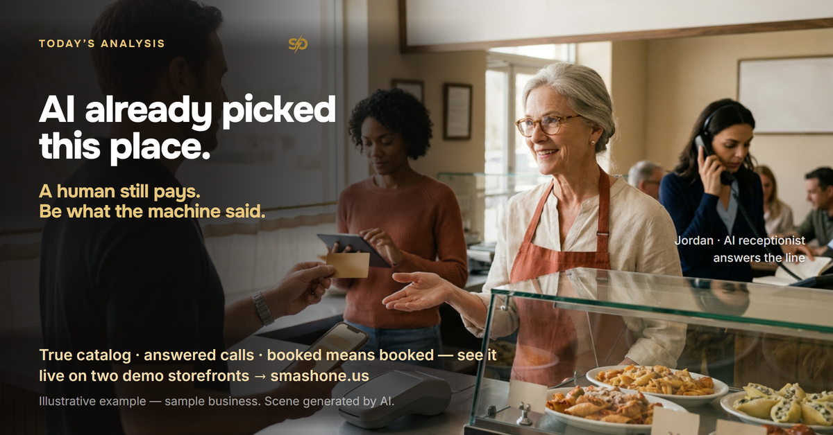 SmashOne poster, Today’s Analysis: “AI already picked this place. A human still pays.” A customer checks a recommendation at a restaurant counter while holding a payment card.