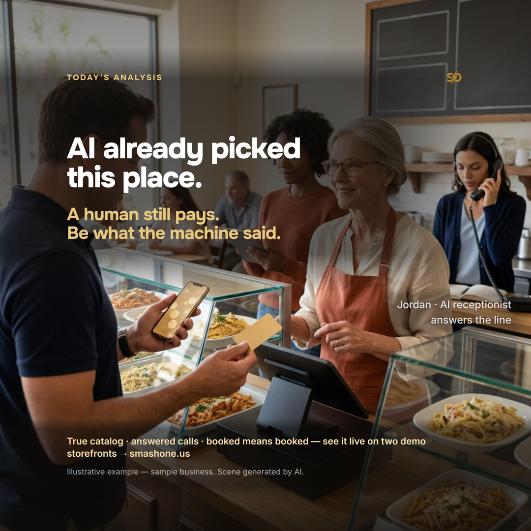 SmashOne poster, Today’s Analysis: “AI already picked this place. A human still pays.” A customer checks a recommendation at a restaurant counter while holding a payment card.