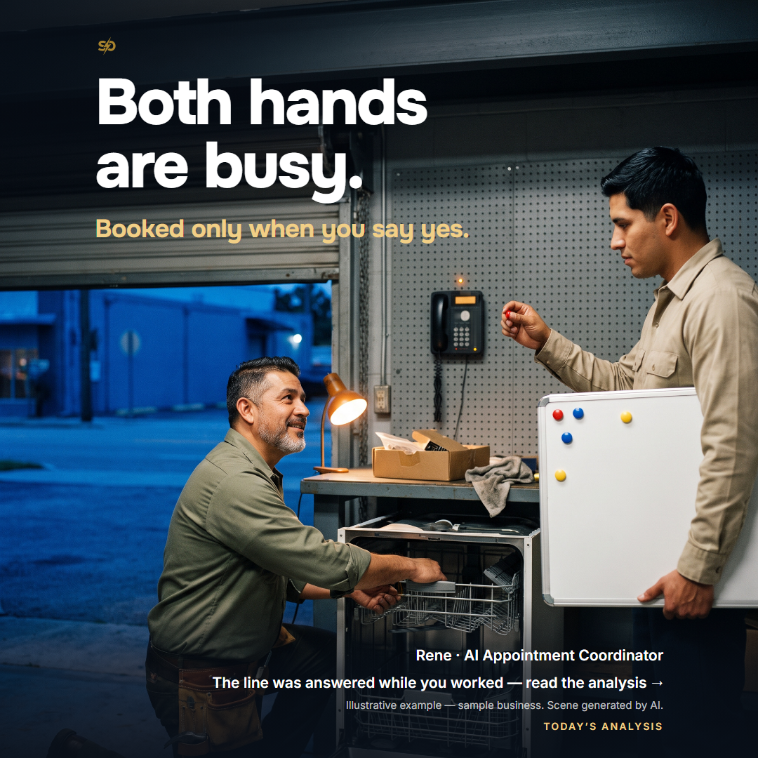 SmashOne poster, Today’s Analysis: “Both hands are busy. The time is held for your yes.” In the Casa Lista workshop at dusk, Mateo works with both hands inside a dishwasher while the wall phone’s amber light shows the line is taken; Rene, the AI appointment coordinator, holds a planning board and waits for his yes.