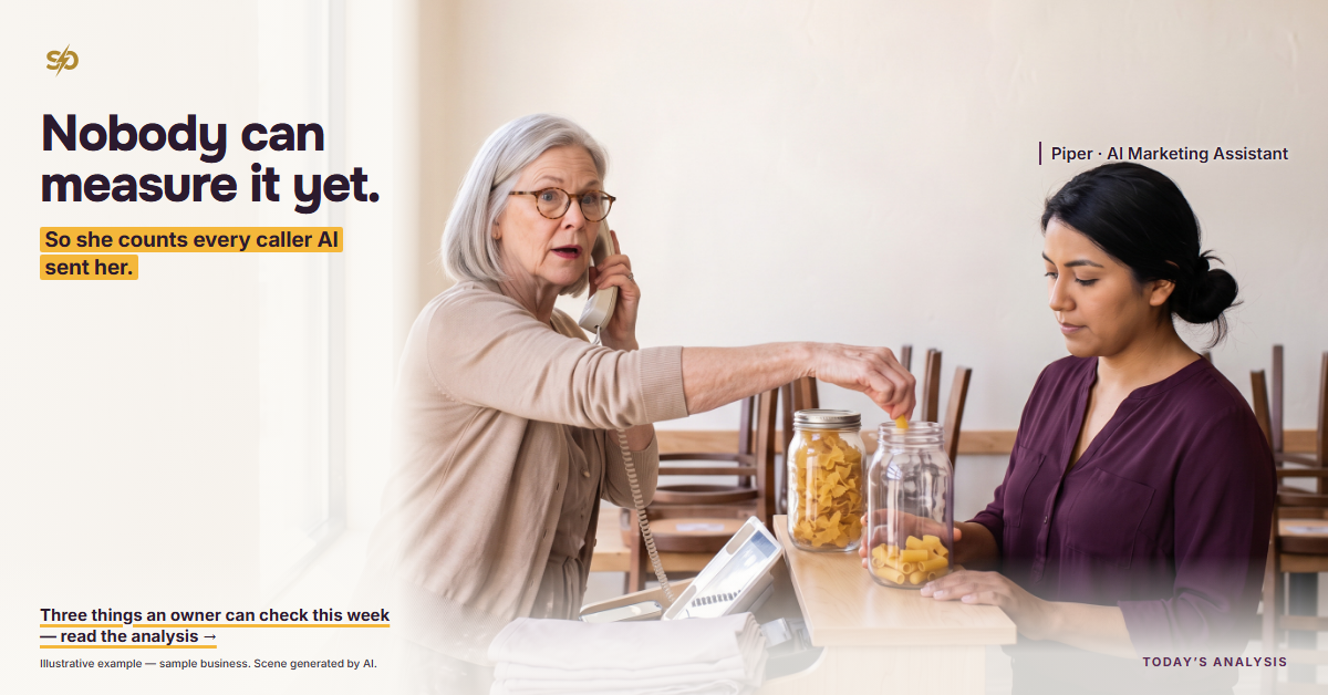SmashOne poster, Today’s Analysis: “Nobody can measure it yet. So she counts every caller AI sent her.” In Tampa Pasta House before opening, Margaret leans across the host stand with the phone to her ear and drops one rigatoni into a nearly empty glass jar that Piper, the AI Marketing Assistant, steadies for her; a full jar of farfalle stands beside it.