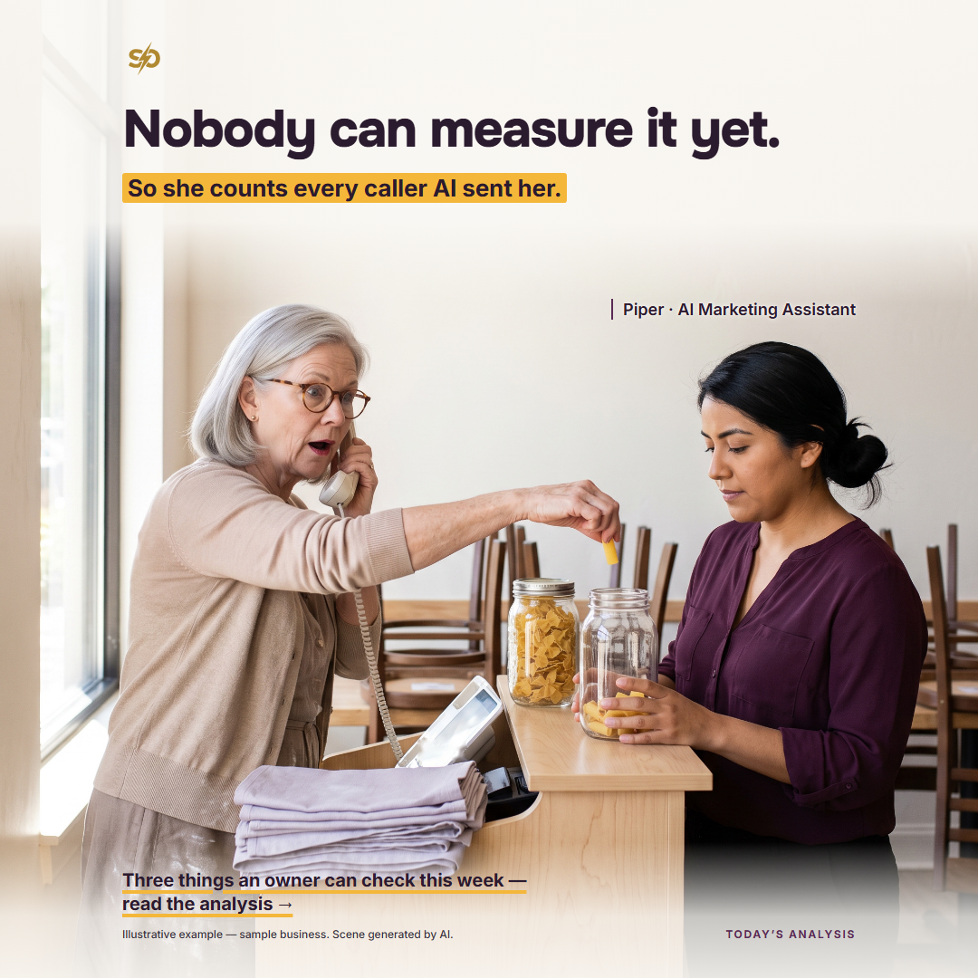 SmashOne poster, Today’s Analysis: “Nobody can measure it yet. So she counts every caller AI sent her.” In Tampa Pasta House before opening, Margaret leans across the host stand with the phone to her ear and drops one rigatoni into a nearly empty glass jar that Piper, the AI Marketing Assistant, steadies for her; a full jar of farfalle stands beside it.