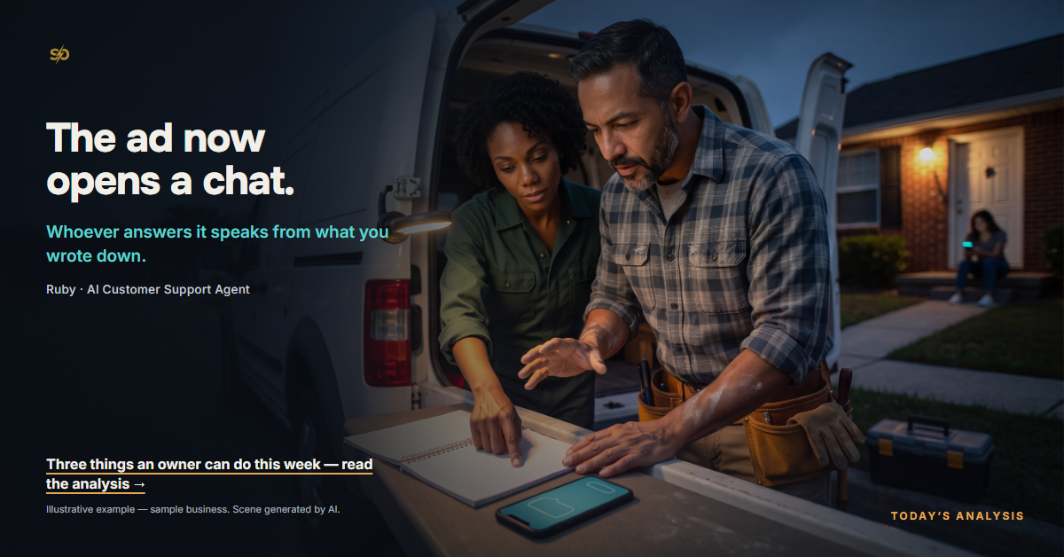 SmashOne poster, analysis: “The ad now opens a chat.” On a Tampa side street after sunset, Mateo reaches for a phone glowing on the open tailgate of his van while Ruby, the AI Customer Support, slides his own open notebook under the work lamp into the path of his hand and holds one line with her fingertip; on a porch deep in the frame a homeowner sits with the same turquoise screen light on her face.