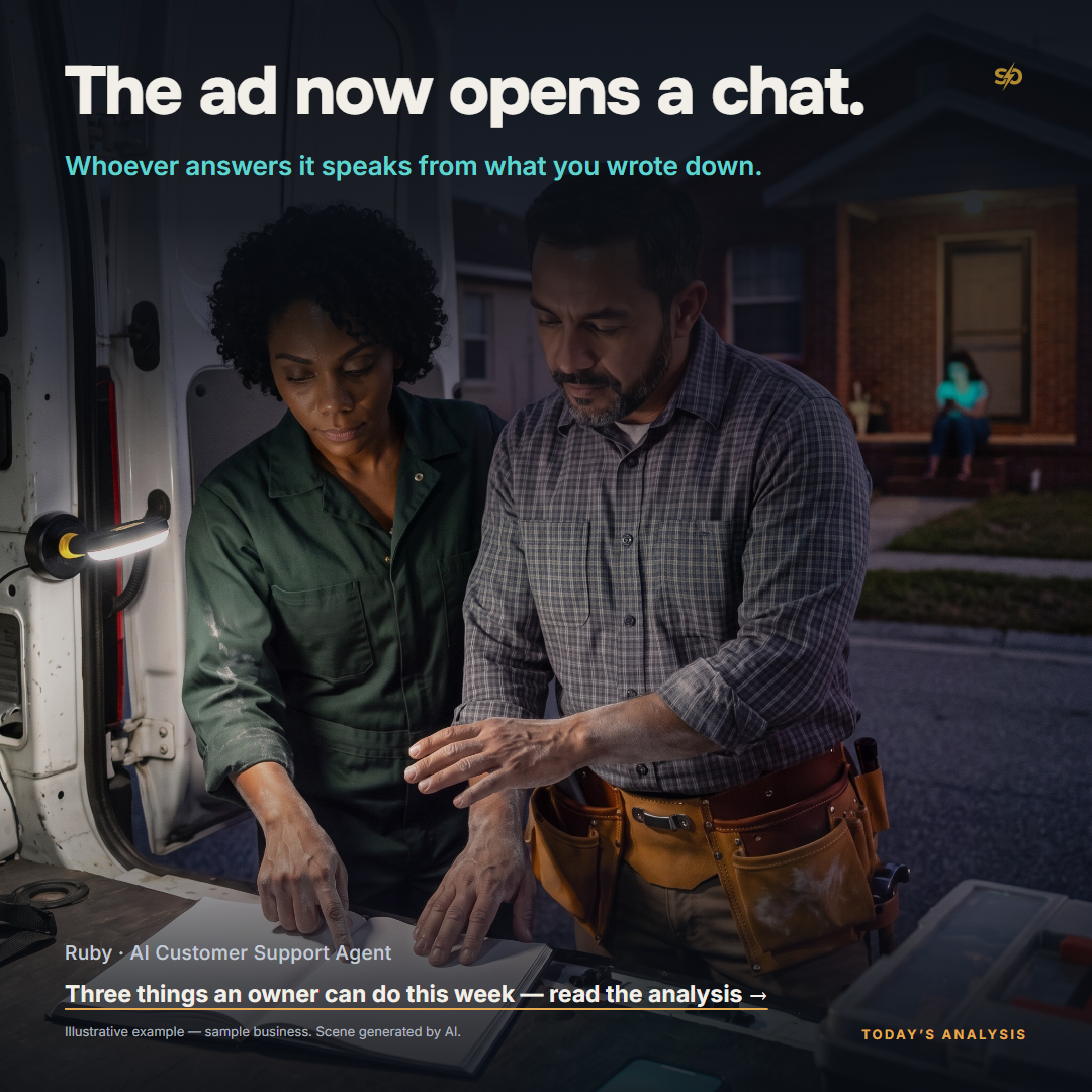 SmashOne poster, analysis: “The ad now opens a chat.” On a Tampa side street after sunset, Mateo reaches for a phone glowing on the open tailgate of his van while Ruby, the AI Customer Support, slides his own open notebook under the work lamp into the path of his hand and holds one line with her fingertip; on a porch deep in the frame a homeowner sits with the same turquoise screen light on her face.