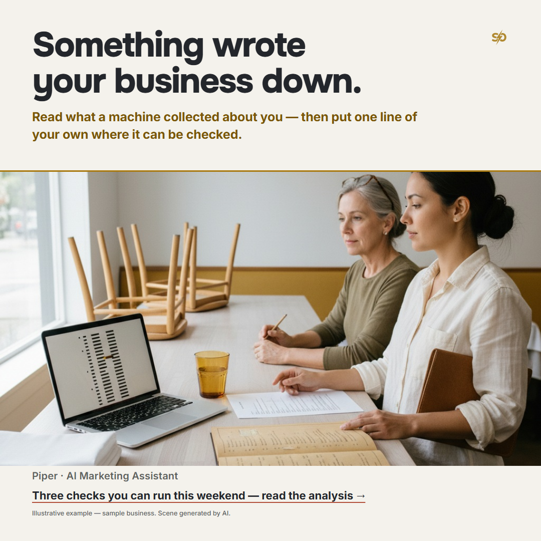 SmashOne poster, Today’s Analysis: “Something wrote your business down.” In a closed dining room at Tampa Pasta House, chairs upturned on the tables behind them, Piper, the AI Marketing Assistant, in a white shirt, holds a printed list flat on a long wooden table beside an open laptop and an amber glass, while the owner, Margaret Ellison, her glasses pushed up into her hair, rests a pencil on a second page and looks out toward the viewer.