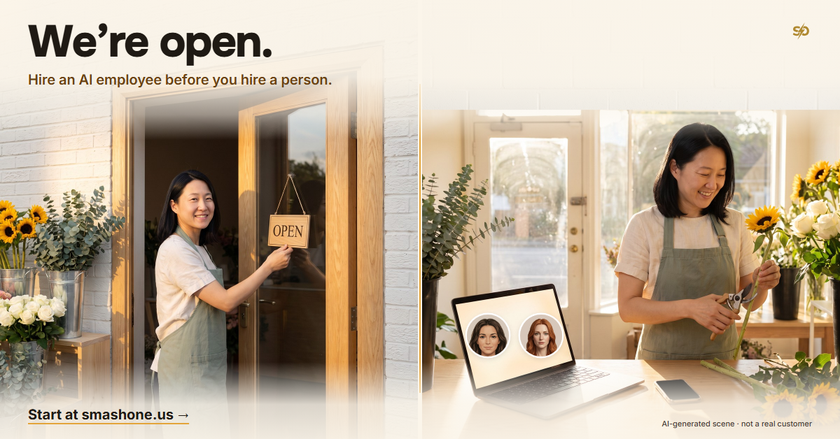 SmashOne poster: “We’re open. Hire an AI employee before you hire a person.” A flower-shop owner turns an Open sign at the door, then trims sunflowers beside a laptop showing two AI employees.