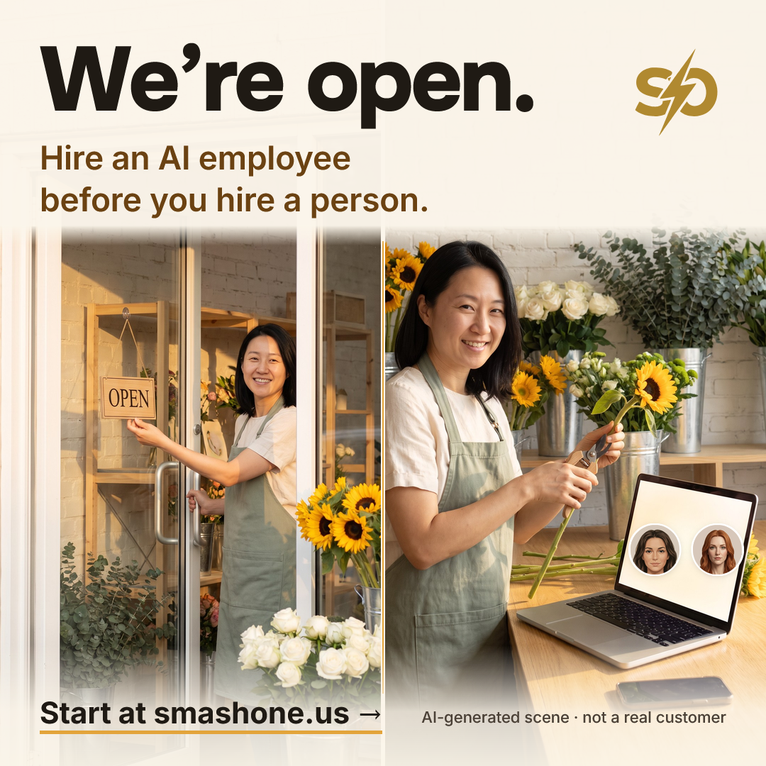 SmashOne poster, “We’re open.”: on opening morning at a small flower shop, the owner turns the sign on the glass door to OPEN, and a minute later trims a sunflower at the counter while her laptop shows two small portraits of her AI employees at work. AI-generated scene, not a real customer.