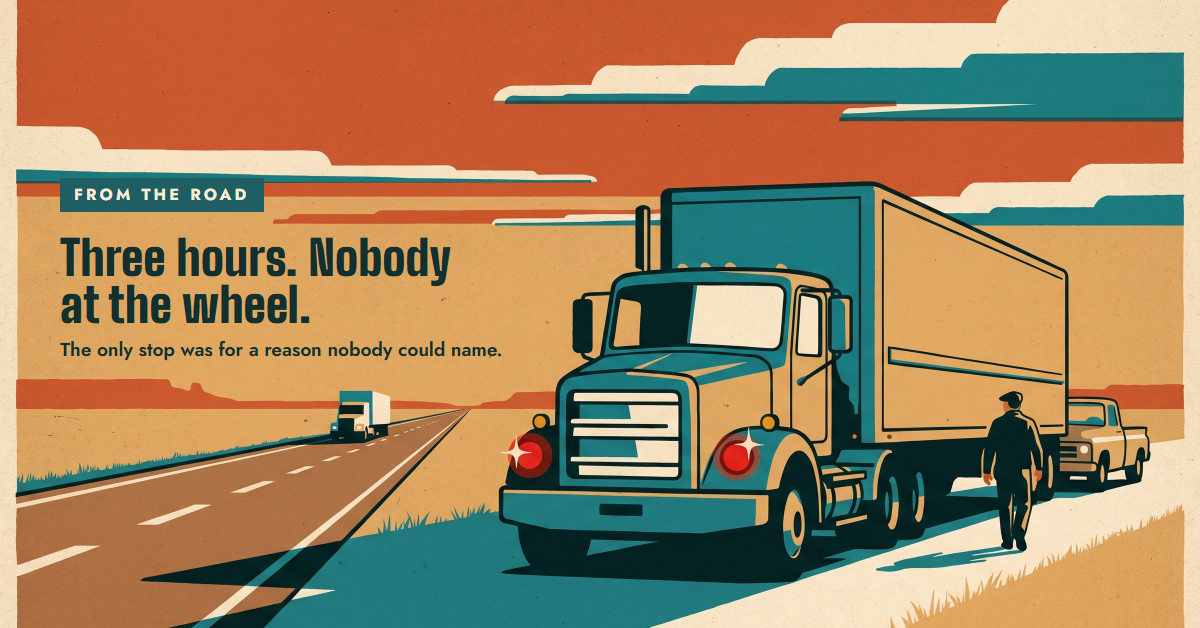1930s screen-print poster: a semi truck stopped on the shoulder of a straight Texas highway, hazard lights glowing red, the cab empty; a small man in a work jacket walks toward it from a pickup, seen from behind. Text: From the road. Three hours. Nobody at the wheel. The only stop was for a reason nobody could name.