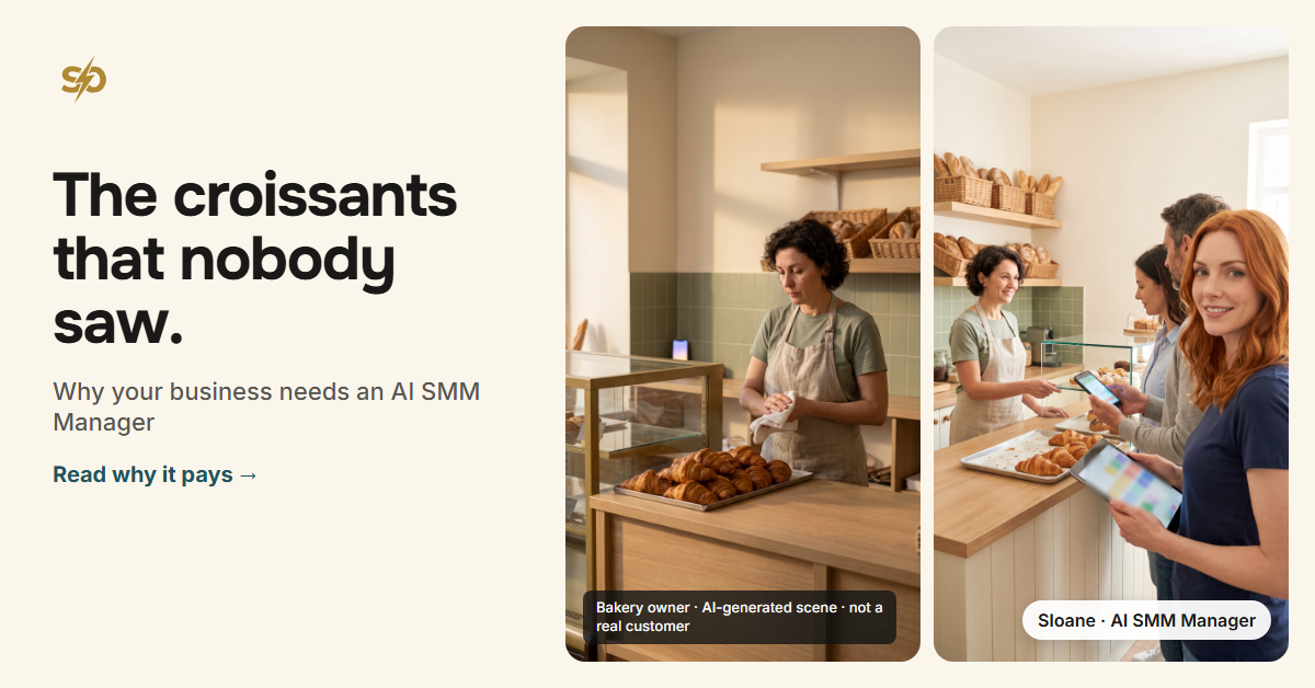 A bakery counter at closing with unsold croissants, and the same counter the next morning with a line of customers