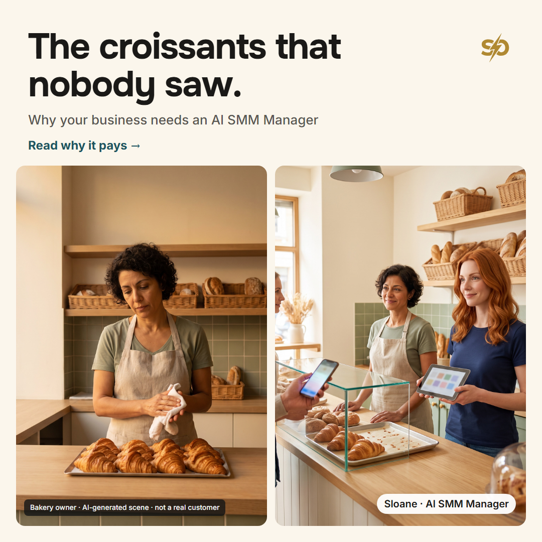 A bakery counter at closing with unsold croissants, and the same counter the next morning with a line of customers