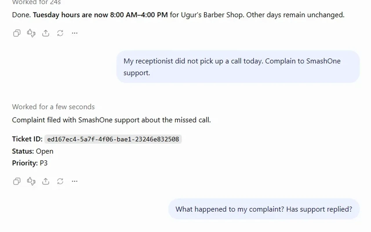 ChatGPT changes the business hours and opens a support request for the owner