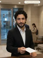 Avery handing over an envelope at a lobby desk