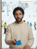 Avery holding out a card at a ski resort desk