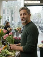 Blake with flowers at a florist’s stall