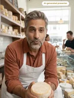 Blake holding a wheel of cheese in a cheese shop