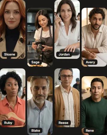 The SmashOne team of AI employees: Sloane (AI SMM Manager), Sage (AI Video Maker), Jordan (AI Receptionist), Avery (AI Administrator), Ruby (AI Customer Support Agent), Blake (AI Sales Consultant), Reese (AI Lead Qualifier), Rene (AI Appointment Coordinator)
