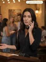 Jordan on the phone in a busy restaurant
