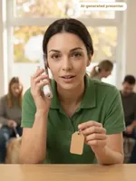 Jordan on the phone, holding a price tag in a shop