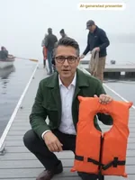 Reese holding a life jacket on a dock