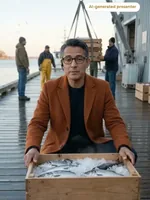 Reese holding a crate of fish on a pier