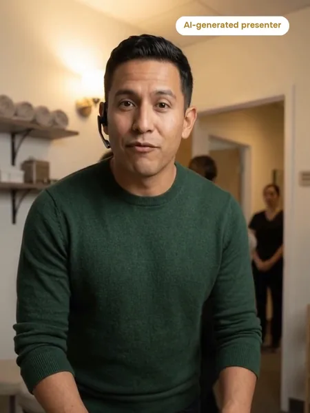 Rene, AI Appointment Coordinator — frame from Rene’s film, AI-generated presenter