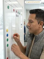 Rene placing magnets on a schedule board