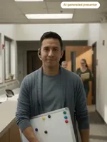 Rene carrying a schedule board down a hallway
