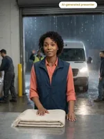 Ruby folding linen at a loading dock in the rain