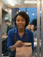 Ruby holding a paper bag at a café counter