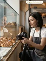 Sage filming fresh pastries in a bakery with a camera on a tripod