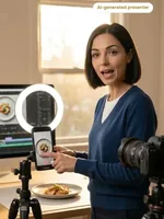 Sage filming a plated dish with a phone under a ring light
