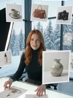 Sloane at a desk with product cards floating around her — a cup, a bag, a camera, a vase — by a snowy window