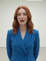 Sloane in a blue blazer against a white wall
