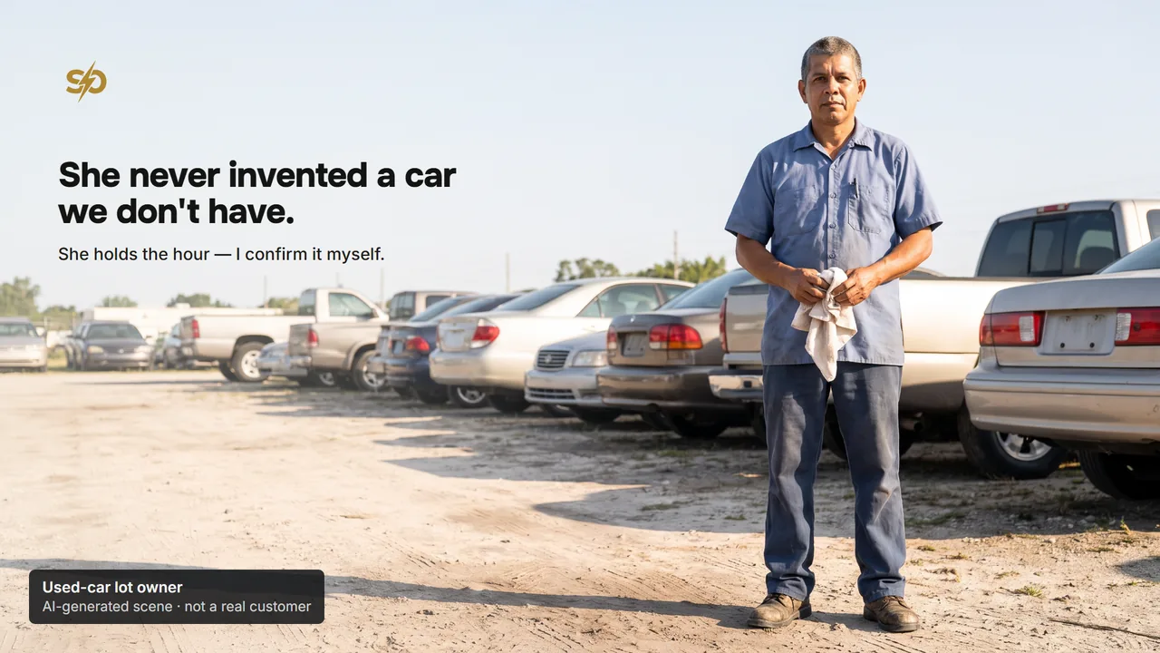 Theo Alcaraz, owner of the Alcaraz & Son used-car lot, standing among his cars.